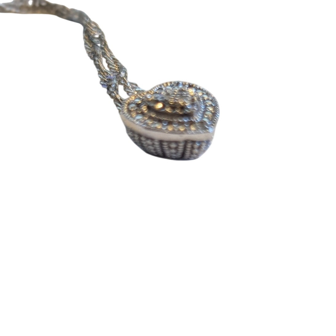 VTG 925 Sterling Silver Diamond Heart Pendant Fancy Sterling 18" Chain Necklace