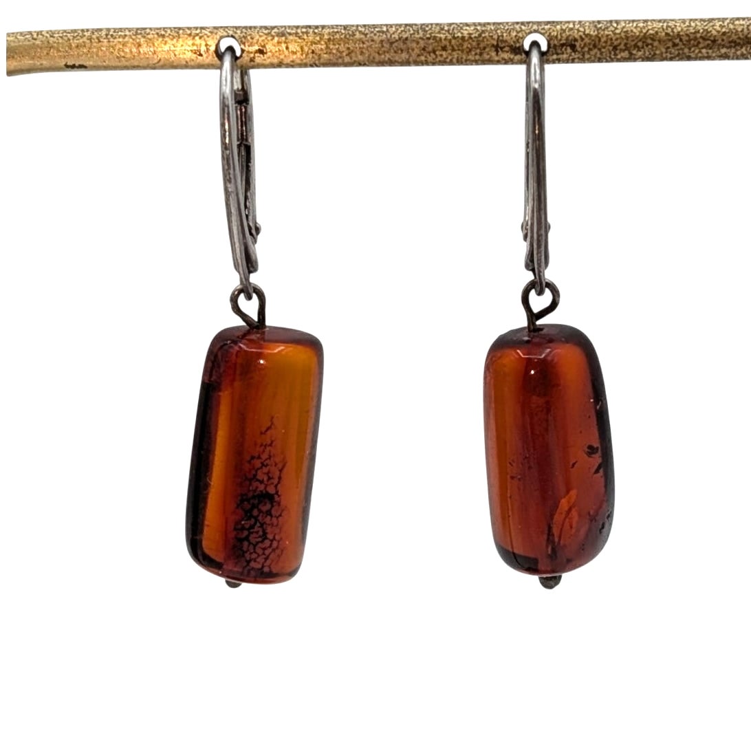 Vintage 925 Sterling Silver Lever Back Amber Dangle Earrings