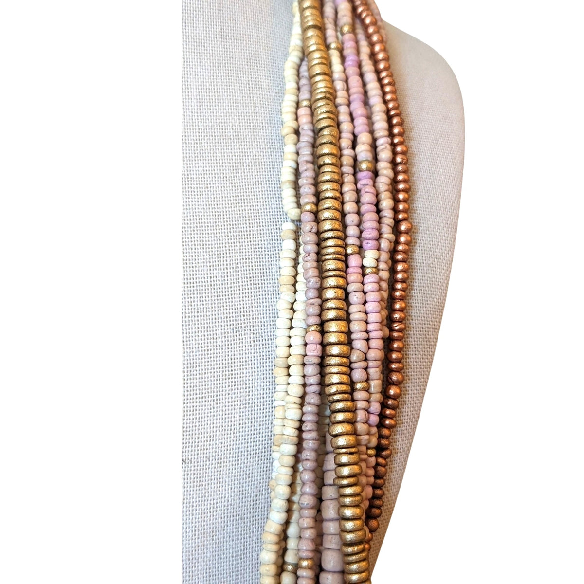 Vintage Twelve Strand Guilded Wood Bead Necklace W/ Hook Clasp