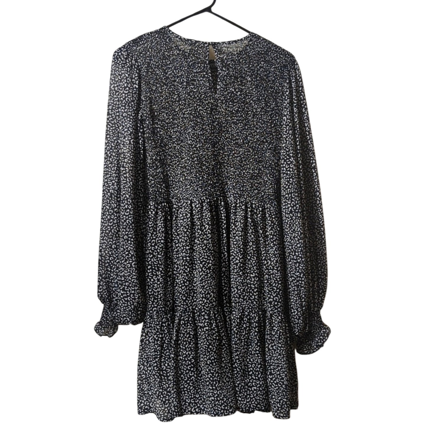 Newbury Kustom Black/White Smocked Tiered Flirty Long Sleeve Dress Women's Sz L