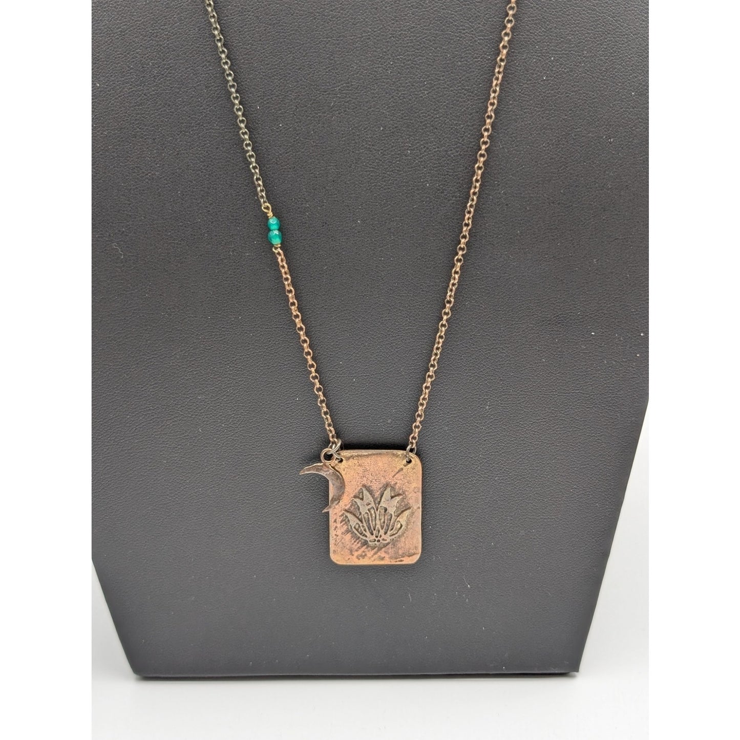 Rustic Antiqued Copper Look Flower Moon May Pendant Chain Long Necklace