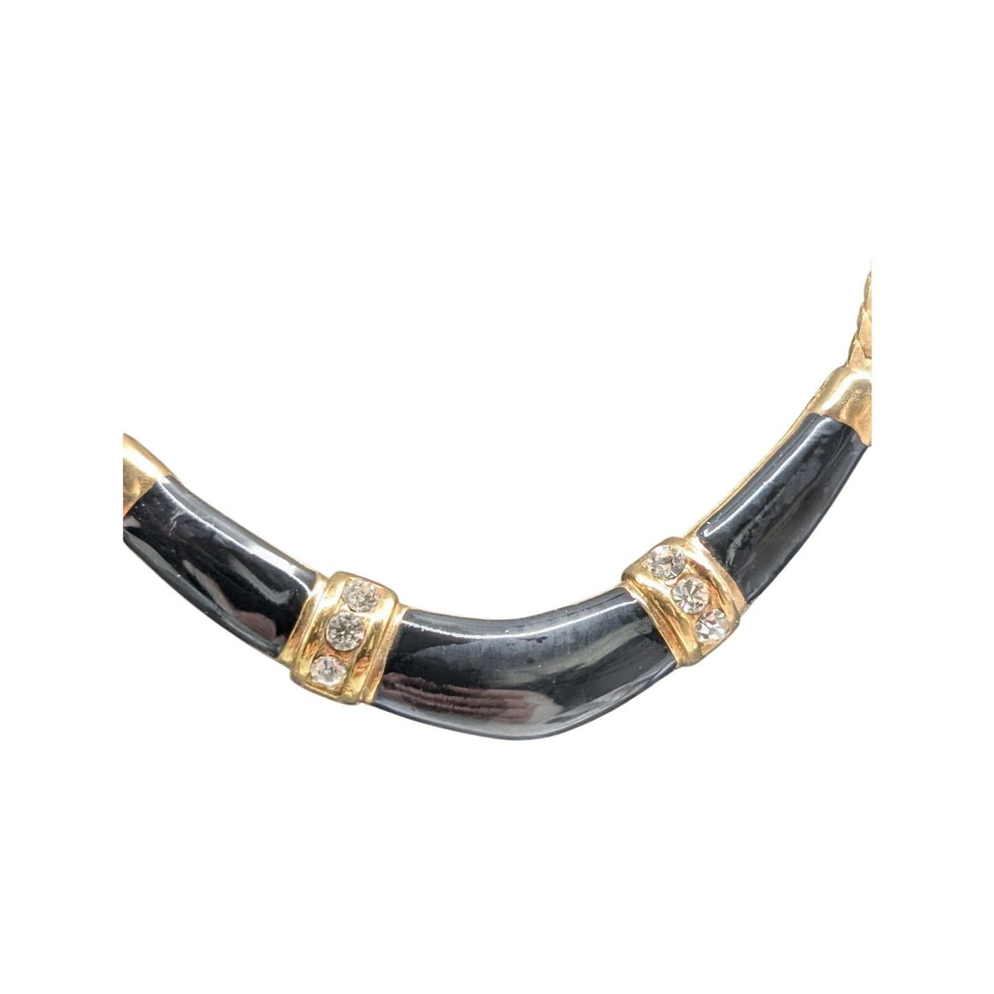 Vintage 1990s Black Enamel Clear Rhinestone Boomerang Gold Tone Classic Necklace
