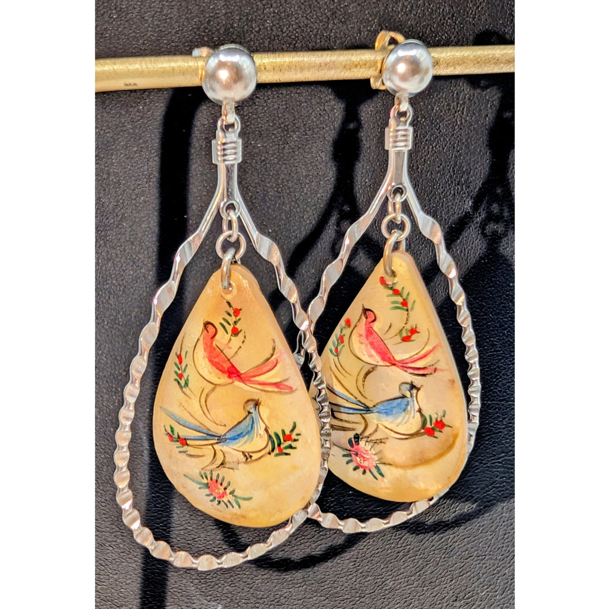 Vtg Middle Eastern Persian MOP Hand-Painted Two-Sided Bird Dangle/Drop Earrings