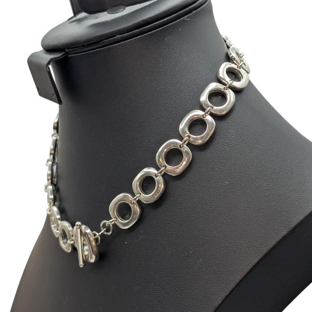 Silver Tone Chunky Squared Off Circle Chain Link Toggle Clasp 17.5" Necklace