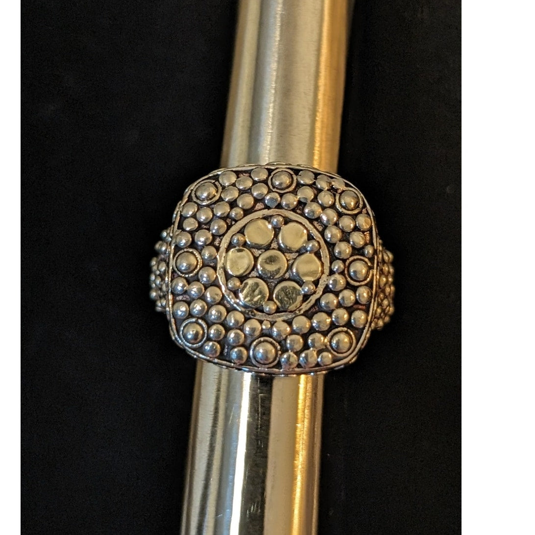 Chunky Two Toned Beaded Granulated 925 Sterling Silver Ring Size 5.5