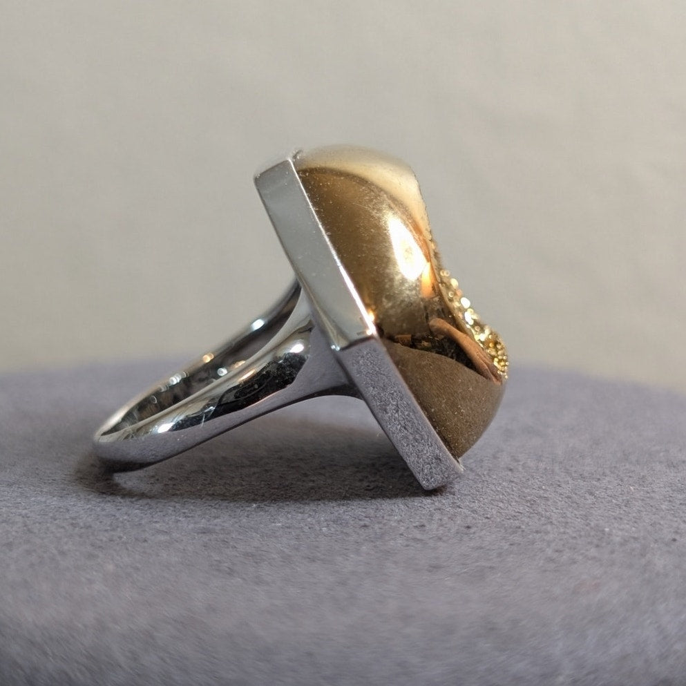 Chunky Hexagon Gold Druzy Quartz Two Tone Sterling Silver Ring Size 8