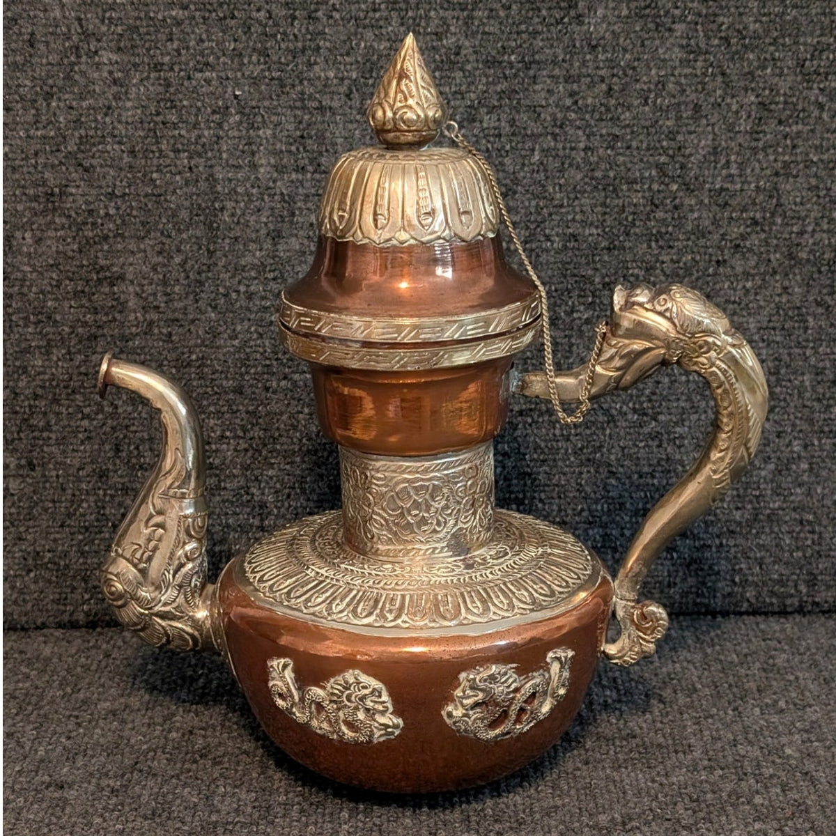 Antique 1900s Tibetan Dragon Tea Pot Ewer Copper With Silver Repose Decoration