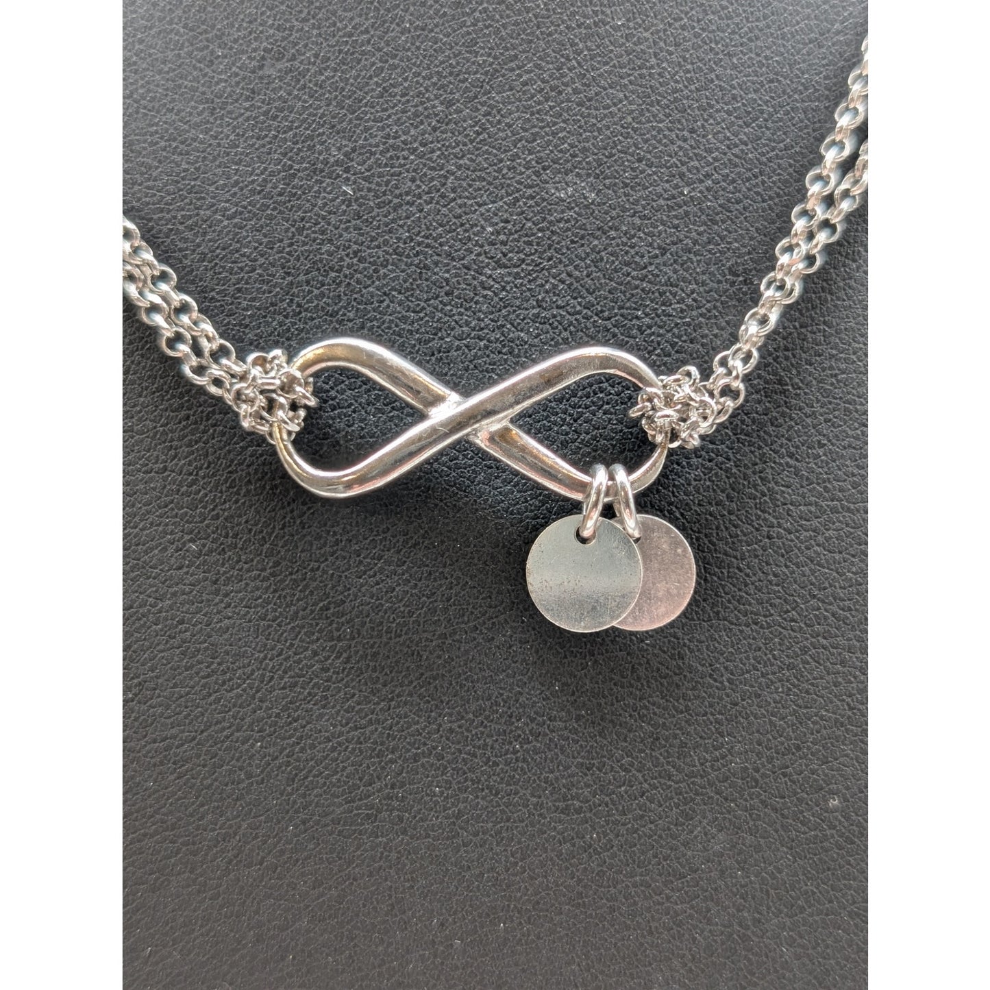 925 Sterling Silver Double Strand Chain Infinity Two Disk Dangle 18" Necklace