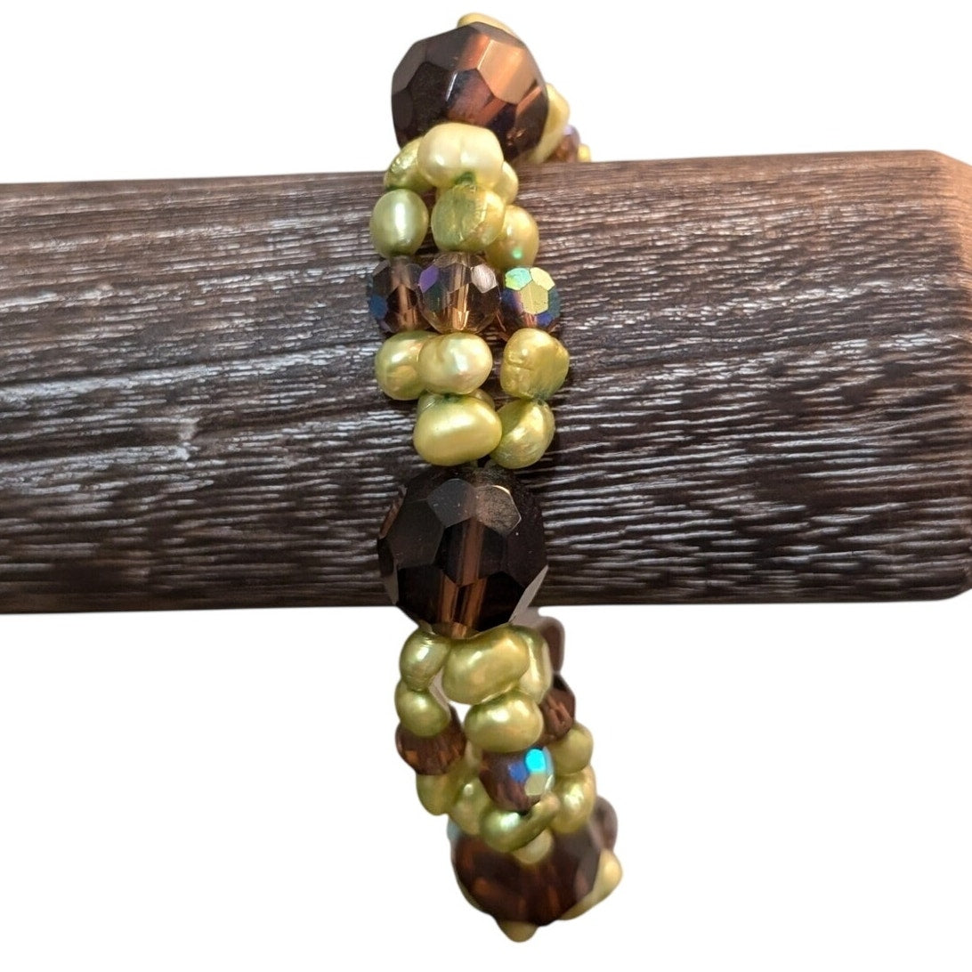 Dyed Green Freshwater Pearls Brown Crystal & AB Crystal Stretch Bracelet