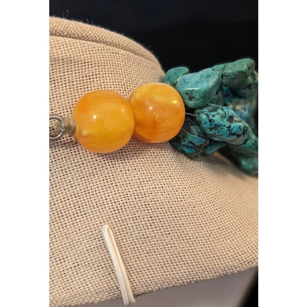 Blue Green Stone Five Strand Butterscotch Ball Bead Necklace W/ Hook Clasp