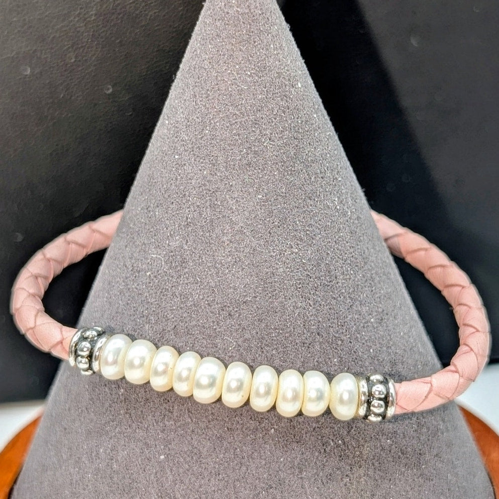 Honora Pearl Pink Braided Leather 925 Sterling Silver Bracelet
