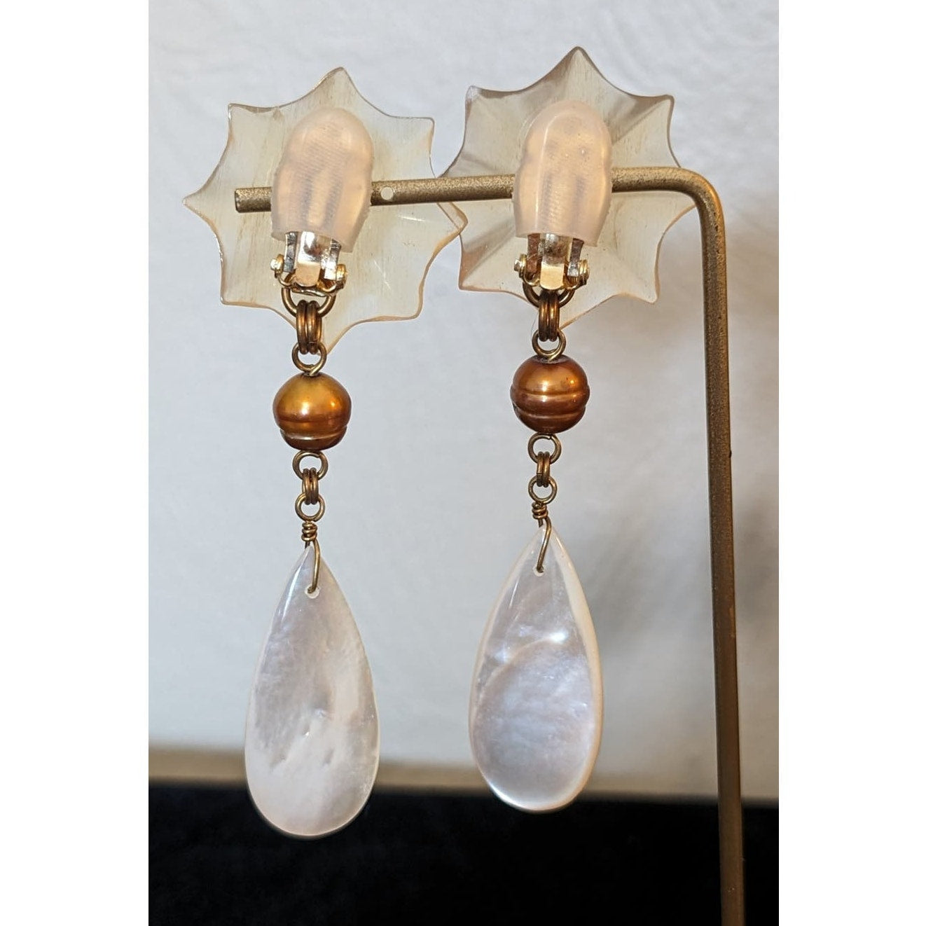 Signed Stephen Dweck Sterling Flower Bronze Pearl Mother of Pearl Earrings