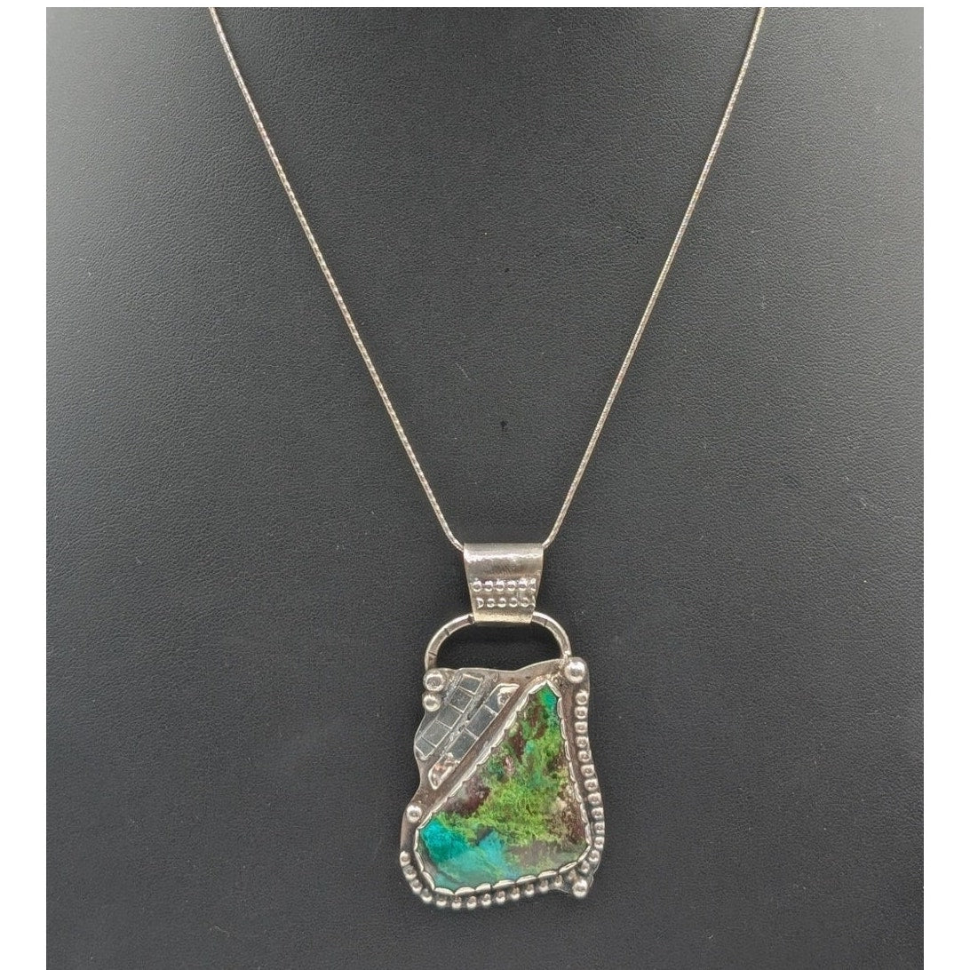 Vtg Artisan Handmade 'BT Sterling' Blue Green Stone Pendant Necklace 27.0g