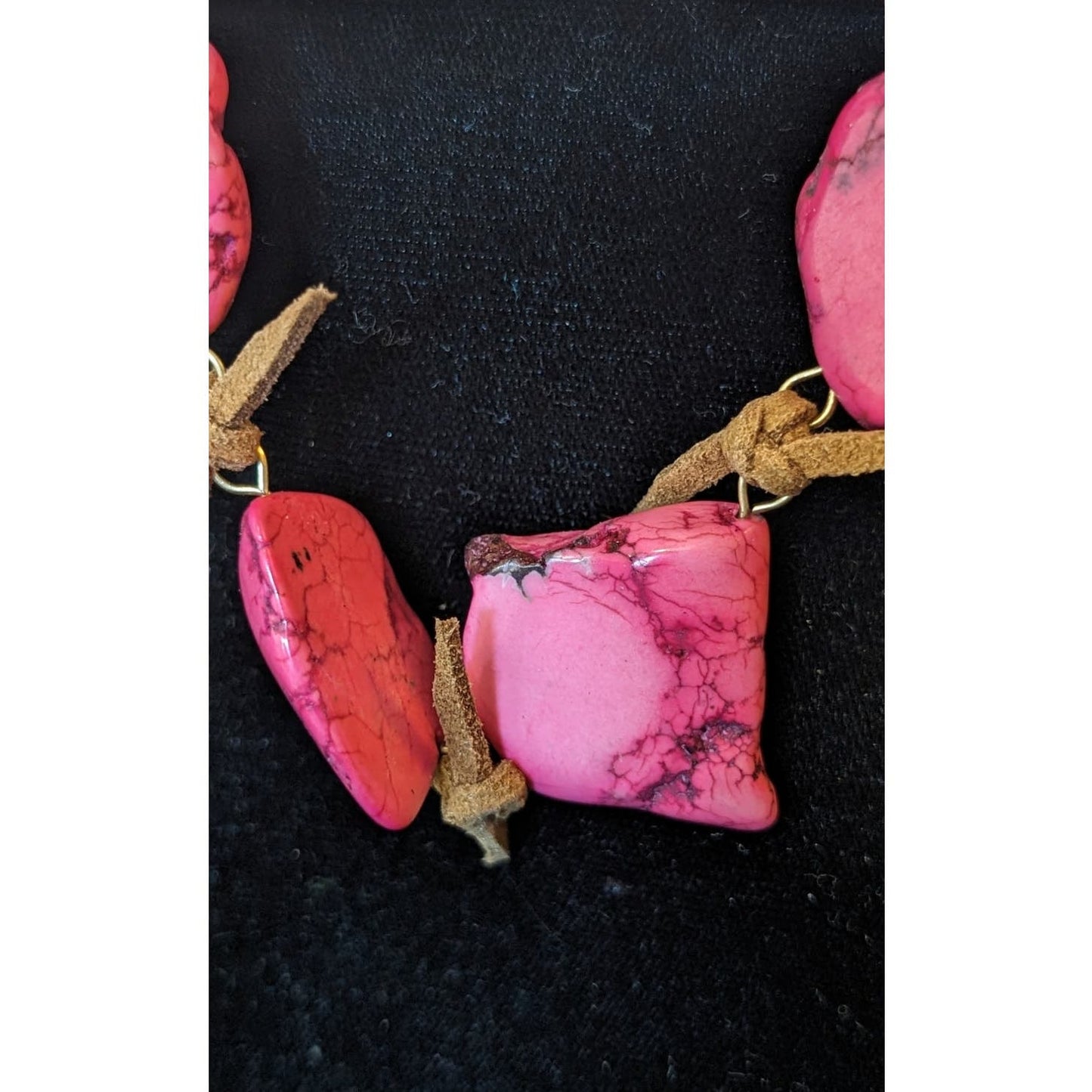 Pink Dyed Stone Necklace Strung Together w/ Rawhide Signed W
