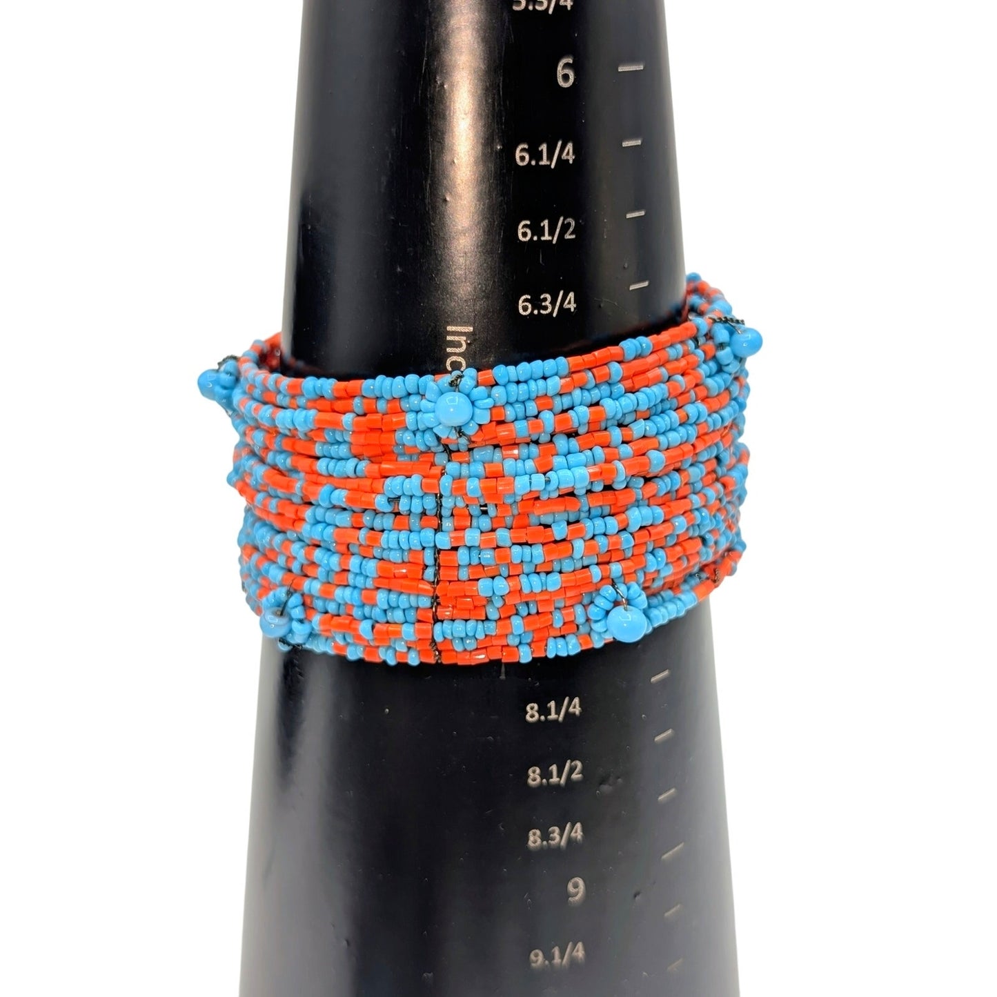 Blue & Red Seed Bead Adjustable Wire Cuff Bracelet One Size Fits Most