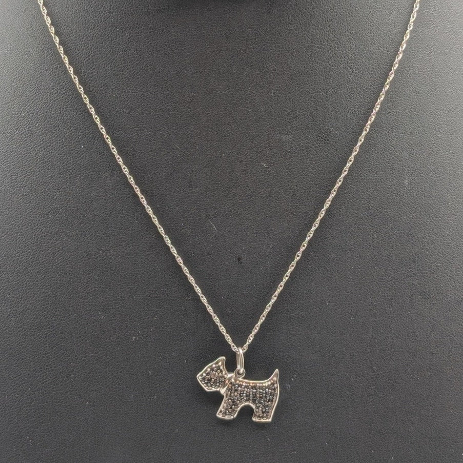 Vintage 925 Sterling Silver Black Stone Figural Dog Pendant 18" Chain Necklace