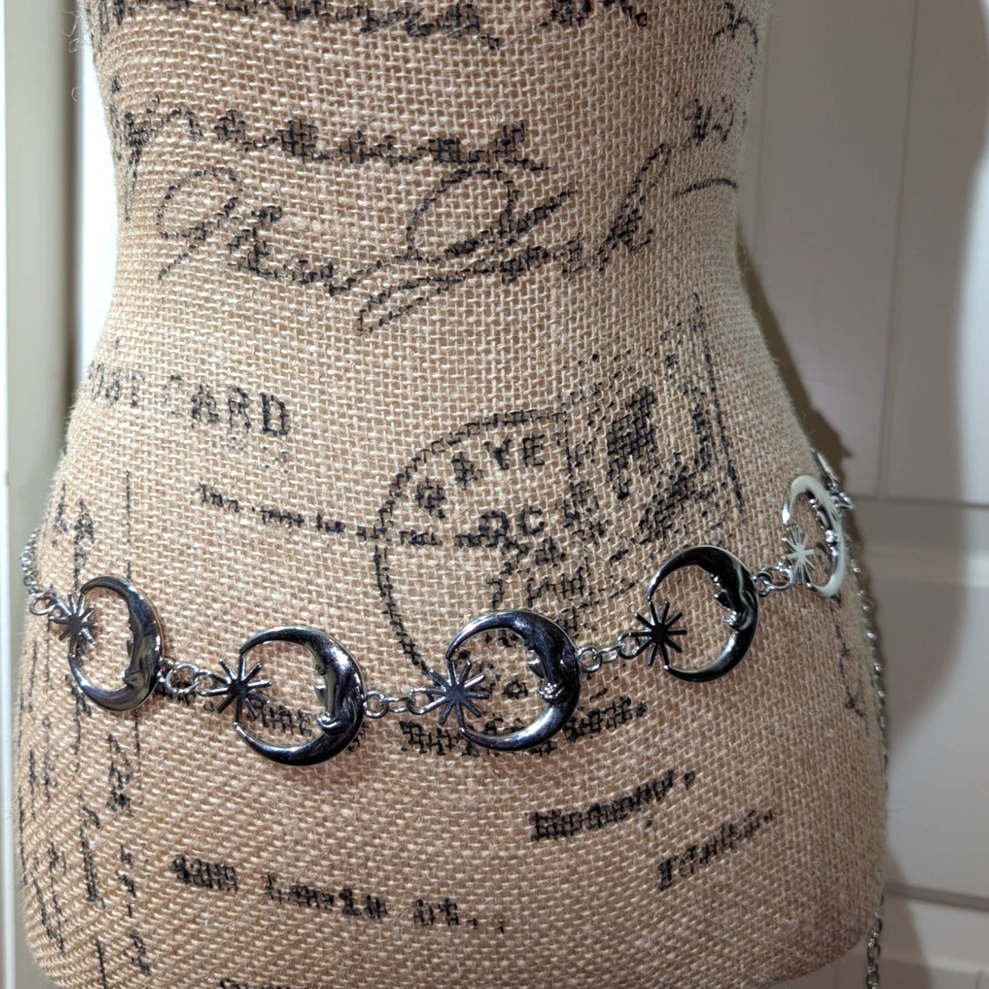 Moon Sun Boho Retro Punk Silver Tone Metal 43" or Less Waist Chain Belt