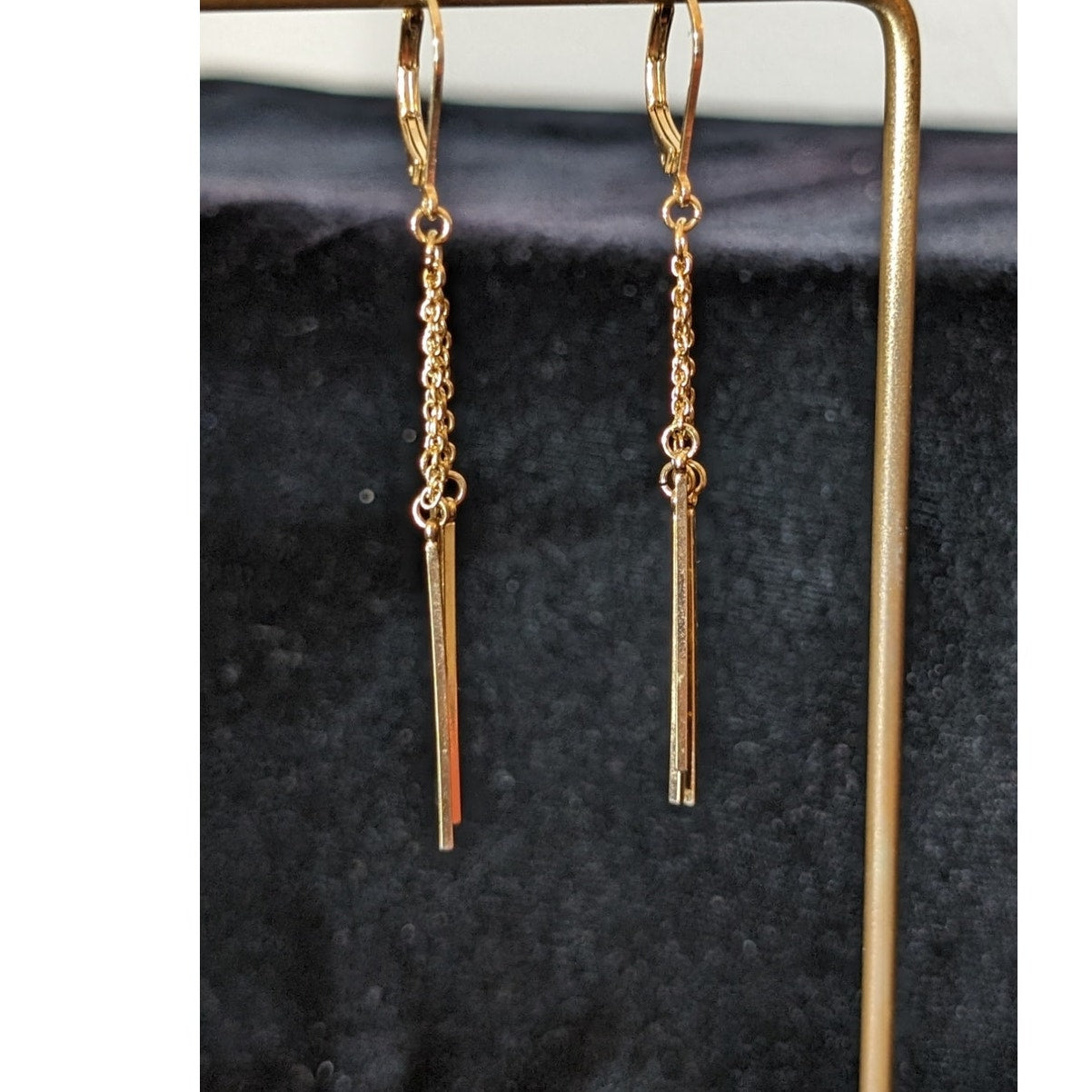 Triple Chain Bar Dangle Gold Tone Leverback Earrings
