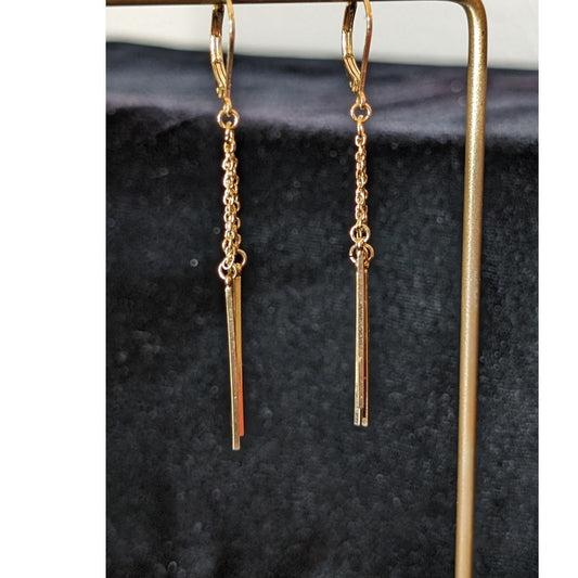 Triple Chain Bar Dangle Gold Tone Leverback Earrings