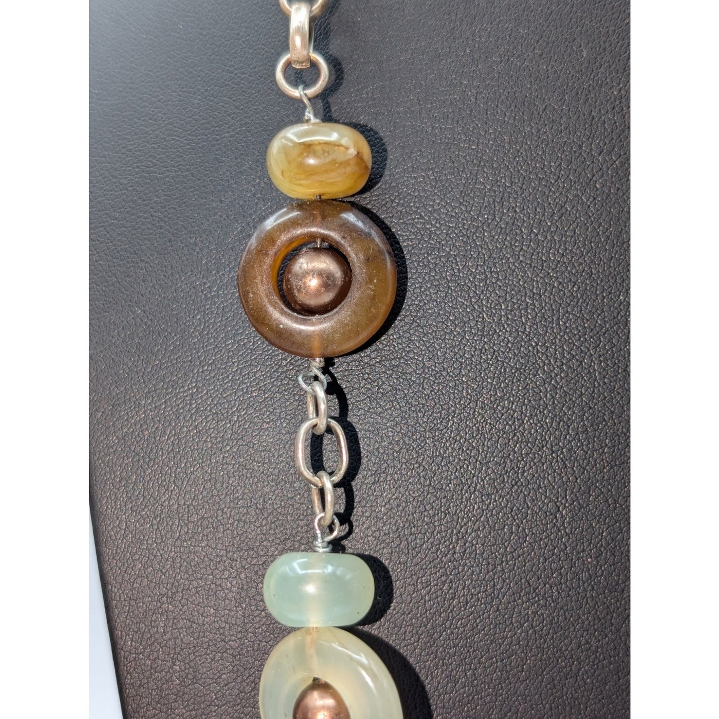 Vtg Green Brown Neutral Colors Stone & Glass Bead Silver Tone Chain Necklace