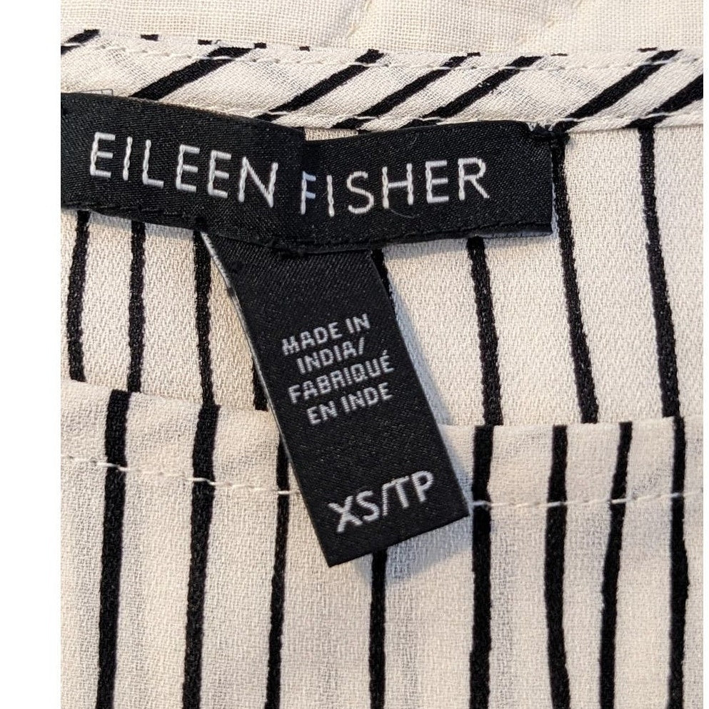 Eileen Fisher Linear Printed Silk Bateau Neck Long Shell Bone/Black Womens Sz XS