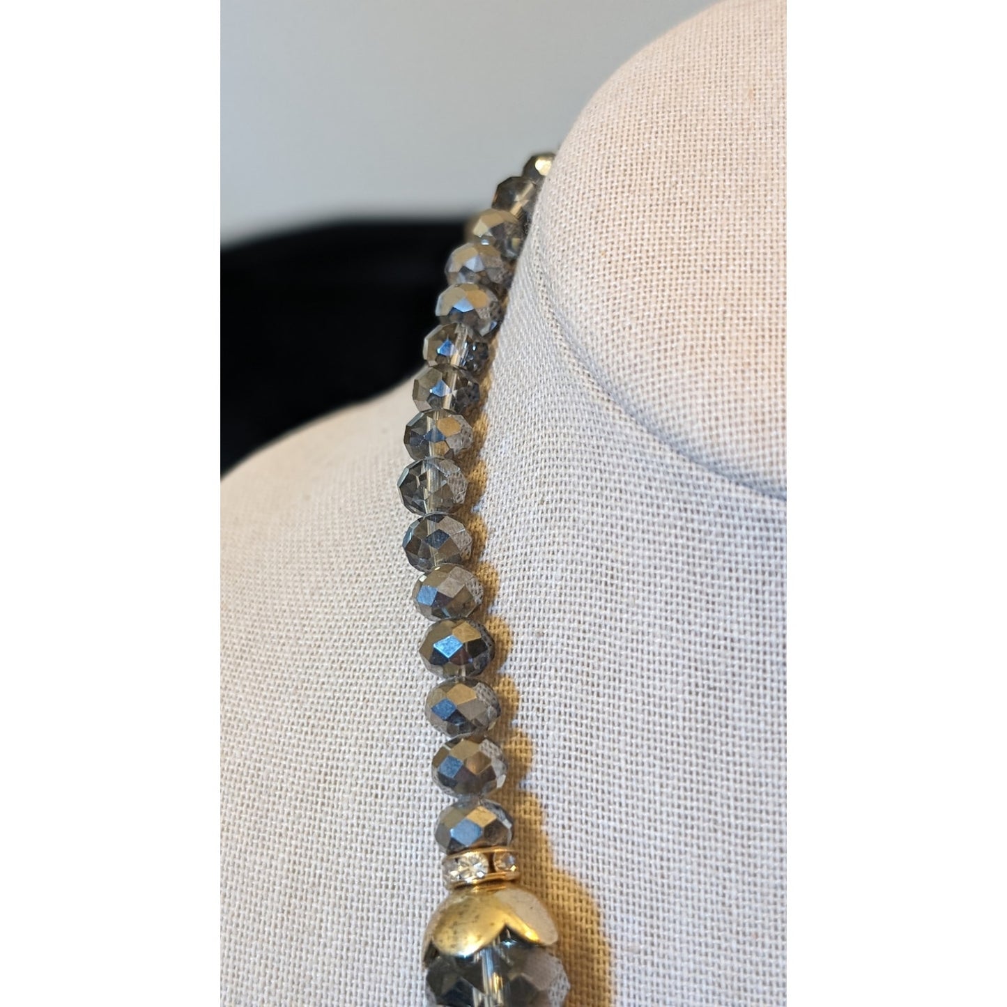 Smoky Gray, Metallic Crystal Bead, Gold Tone Rondelles, Scalloped Cap Necklace