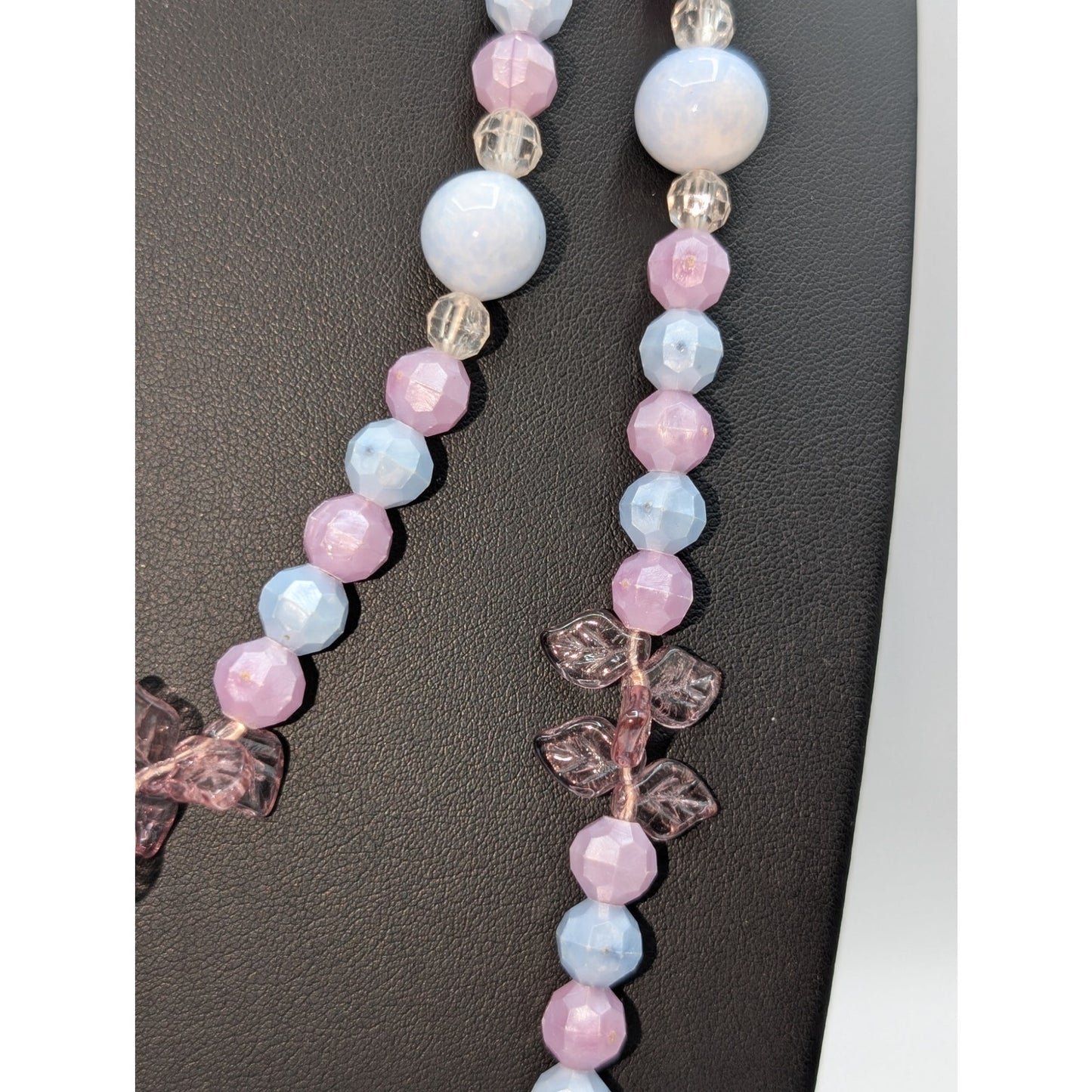 Vintage 60" Lavender Blue Acrylic & Glass & Leafy Beaded Necklace
