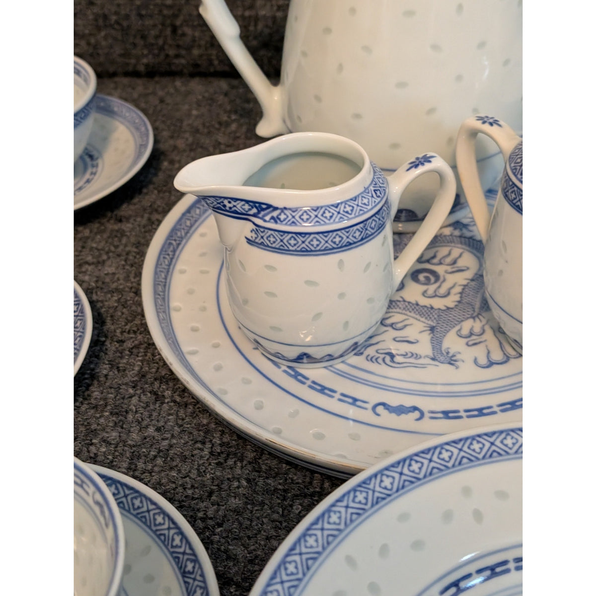 Vintage 1970s  Rice Grain Fifteen Piece Porcelain Blue White Dragon Tea Set