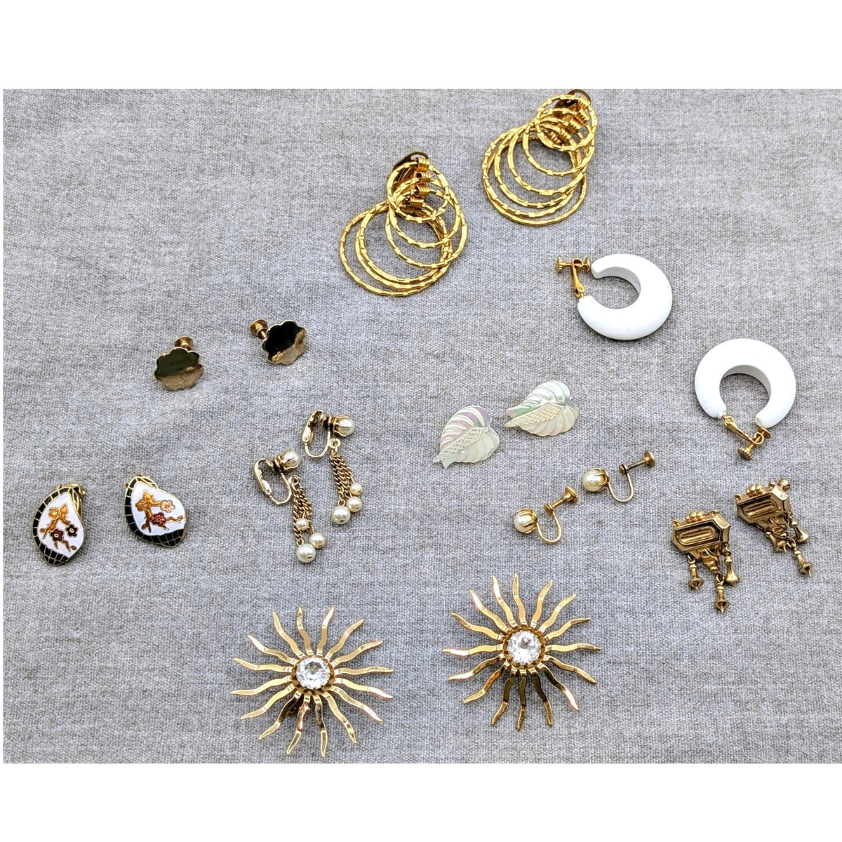 Lot of 10 Pair Vintage Clip On Screw On Gold Tone Earrings