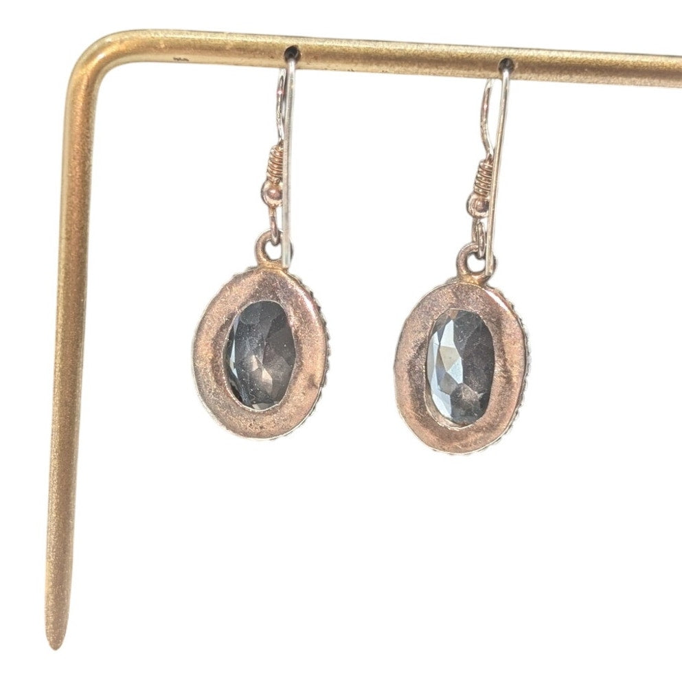 Vintage Beaded 925 Sterling Silver Bezel Set Rock Crystal Quartz Dangle Earrings