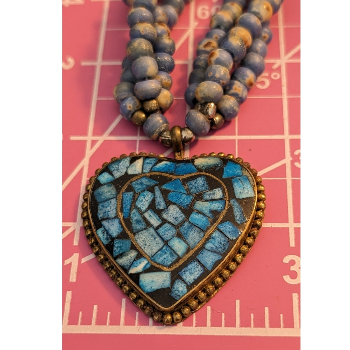 1 to 3 Strands Blue Bead Stone Inlay Copper Heart Vintage Necklace w/ Hook Clasp