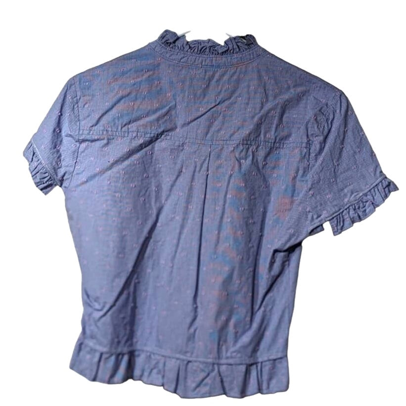 Court & Rowe Blue W/ Pink Dot Embroidered Ruffle Button Up Blouse Womens Sz S