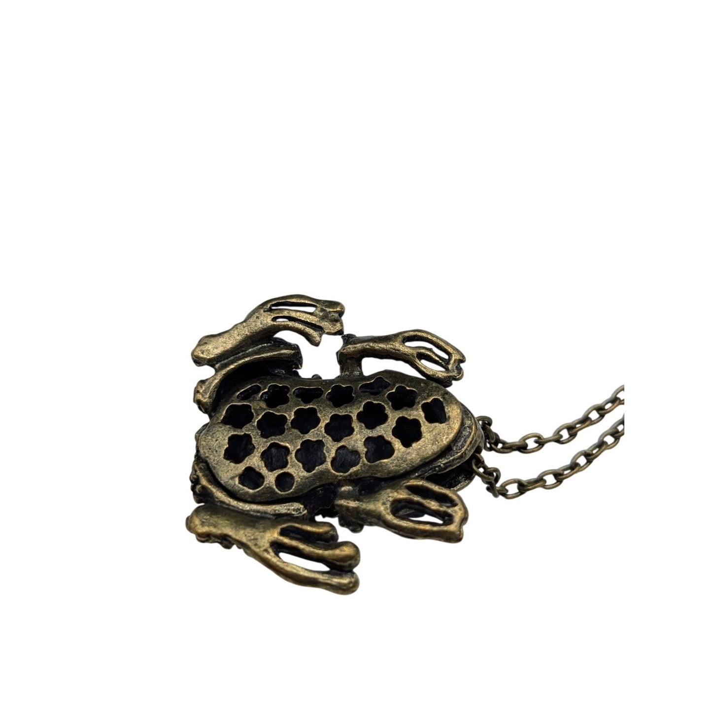 Antiqued Bronze Black Crystal Eye Metal Frog Pendant 30" Chain Necklace