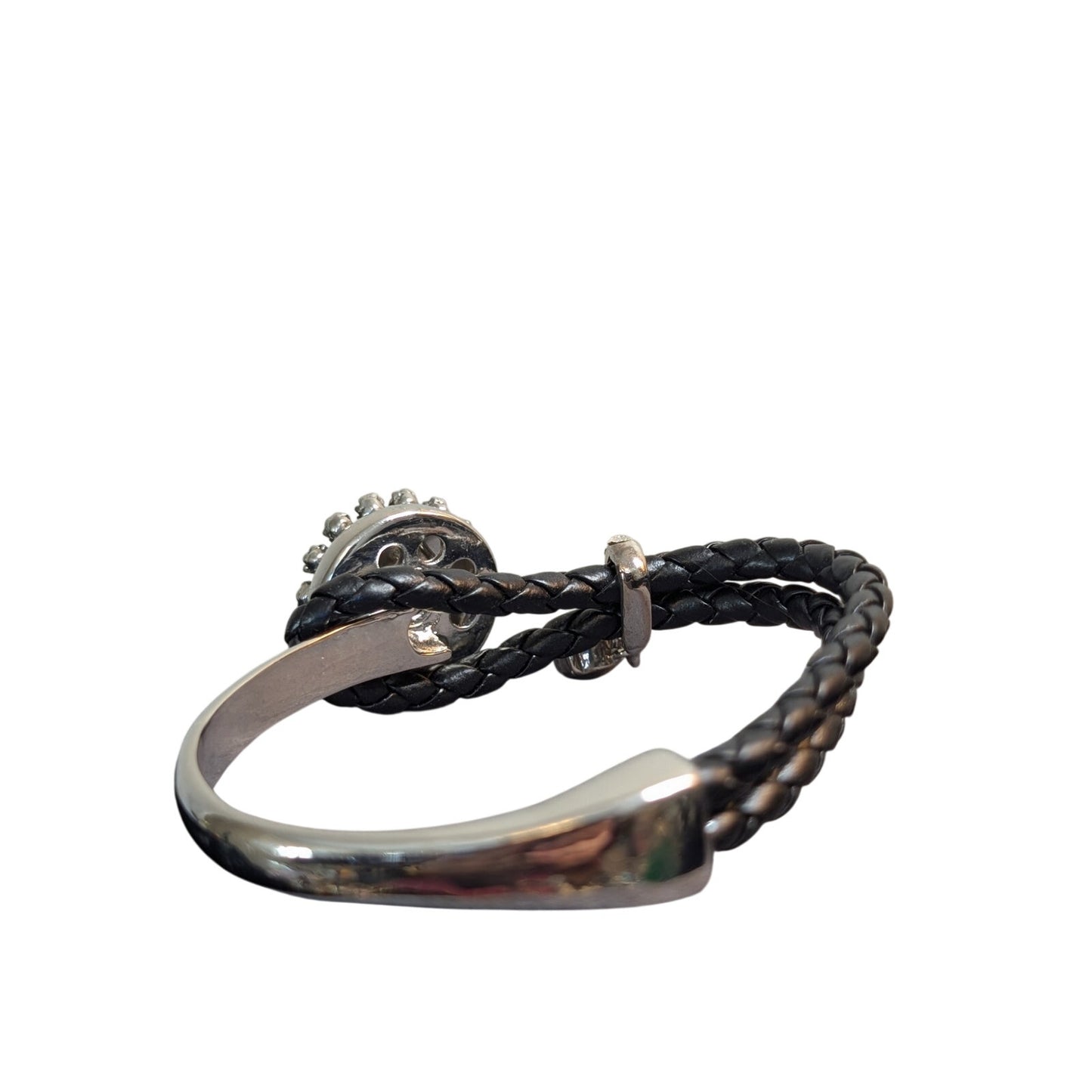 Ginger Snaps Leather Silver Tone Button Clasp Rhinestone Dangle Bangle Bracelet