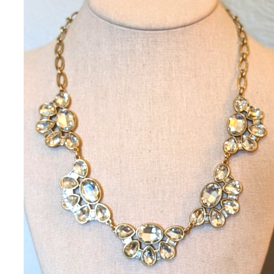 J Crew 18" Jargoon Gold Tone Claw Clasp Party Crystal Statement Necklace