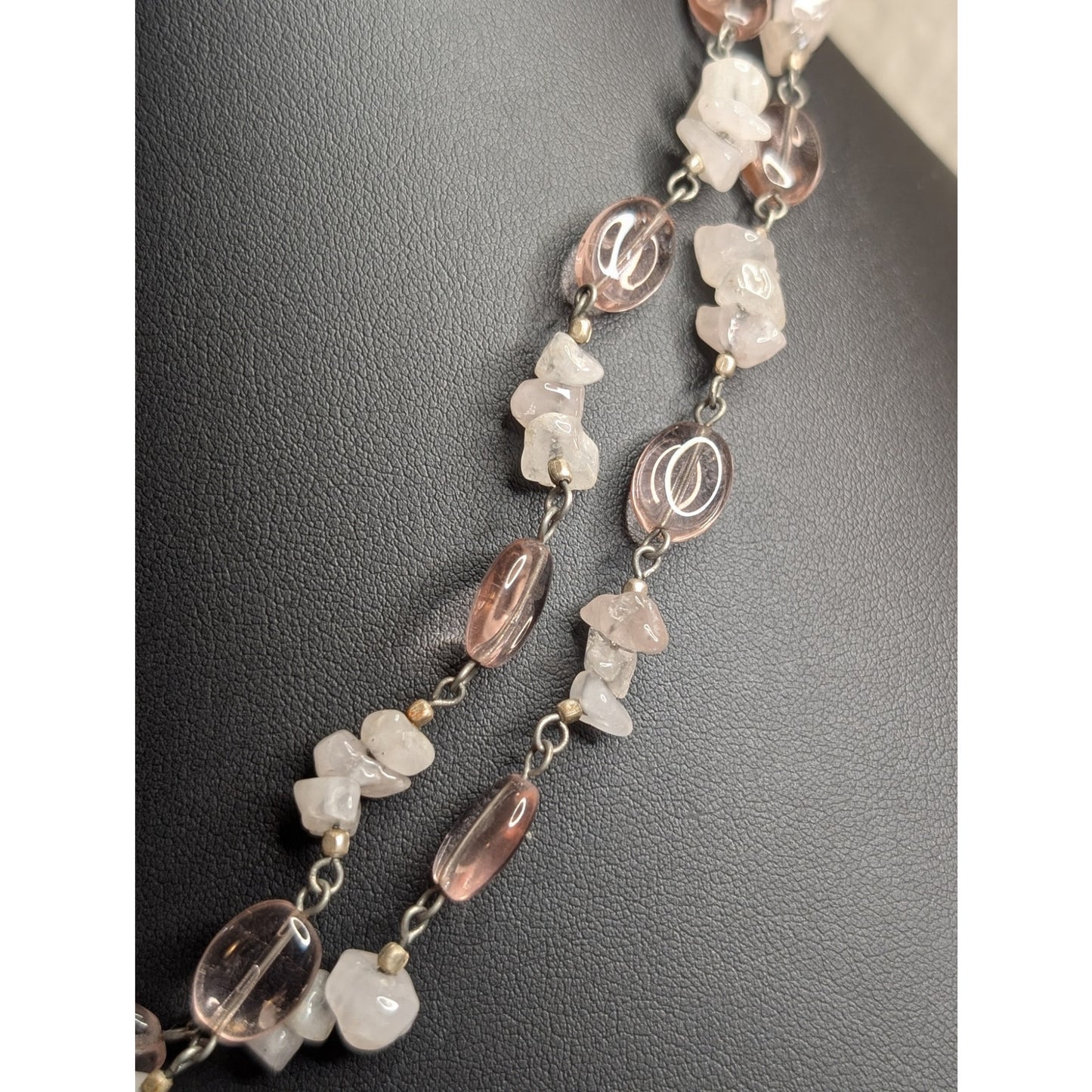 Robert Rose Pink Jadeite Quartz Chip Pink Glass Bead Double Strand Necklace