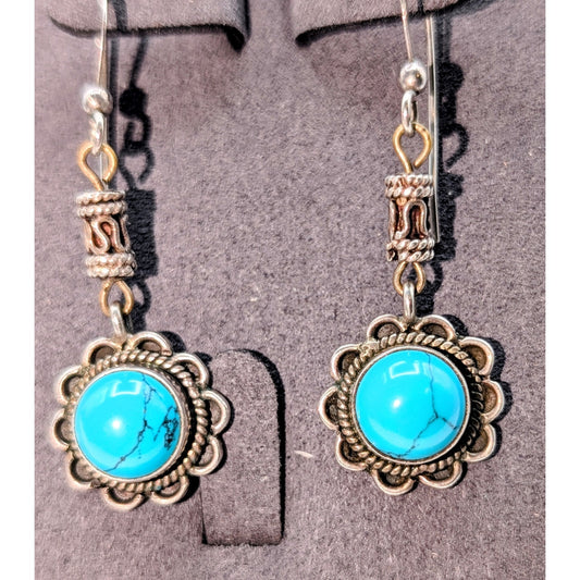 Vintage 925 Sterling Silver Turquoise Flower Bali Design Dangle Earrings