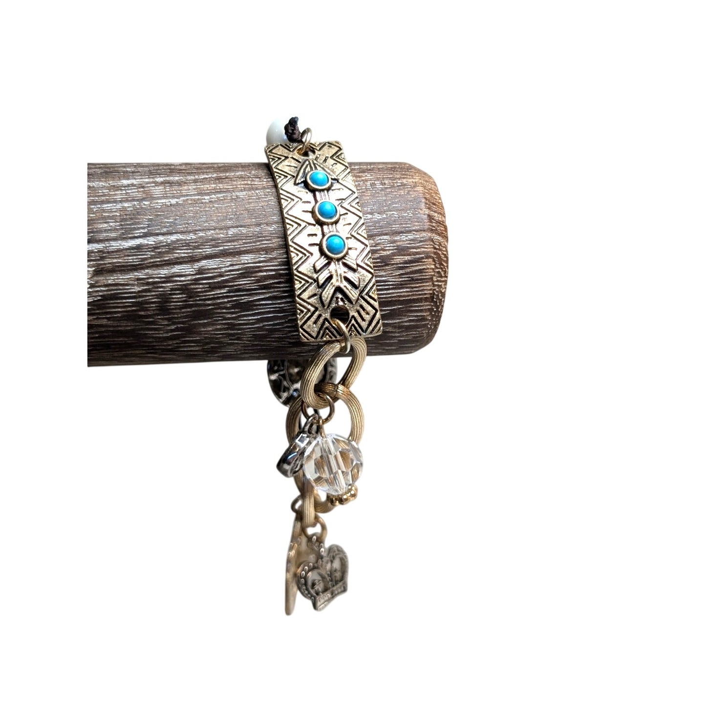 Faux Turquoise Pearl Textured Gold Tone Oval Links & Charms Bracelet