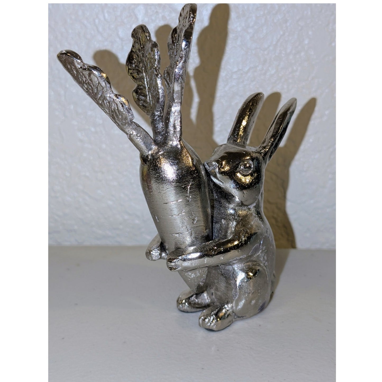 Silver Tone Solid Rabbit Hugging Carrot Figurine 6"