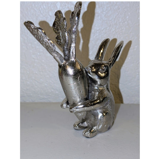 Silver Tone Solid Rabbit Hugging Carrot Figurine 6"