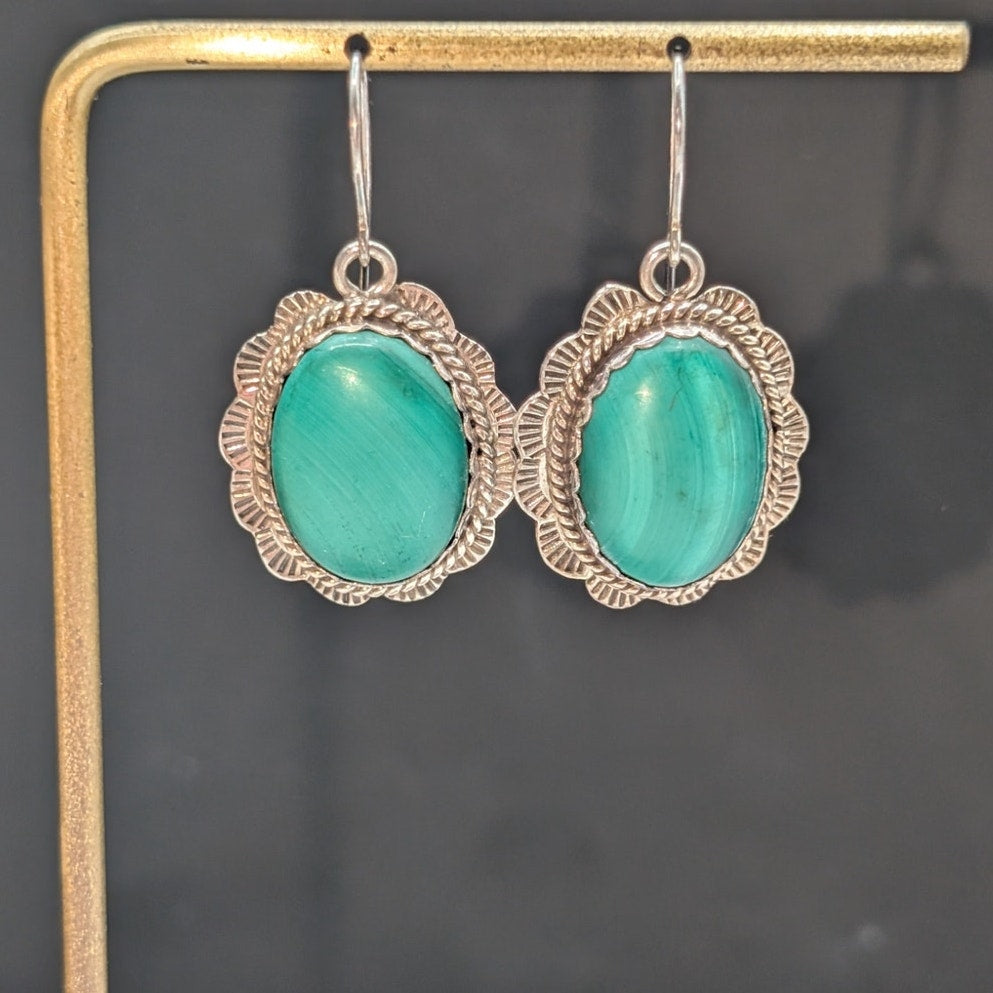 Vintage 925 Sterling Silver Green Malachite Stone Dangle Earrings