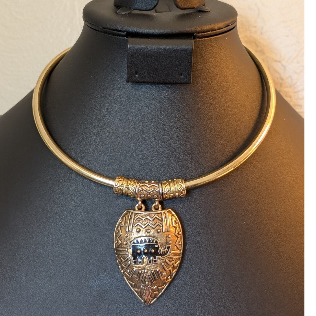 Gold Tone Indian Elephant Torque Pendant Collar Necklace
