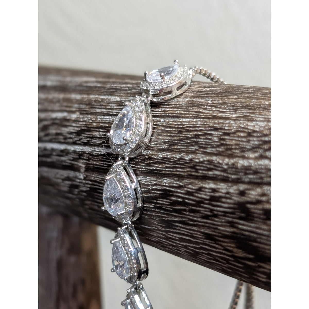 Teardrop Halo CZ Tennis Adjustable White Gold Plated Silver Tone Pull Bracelet