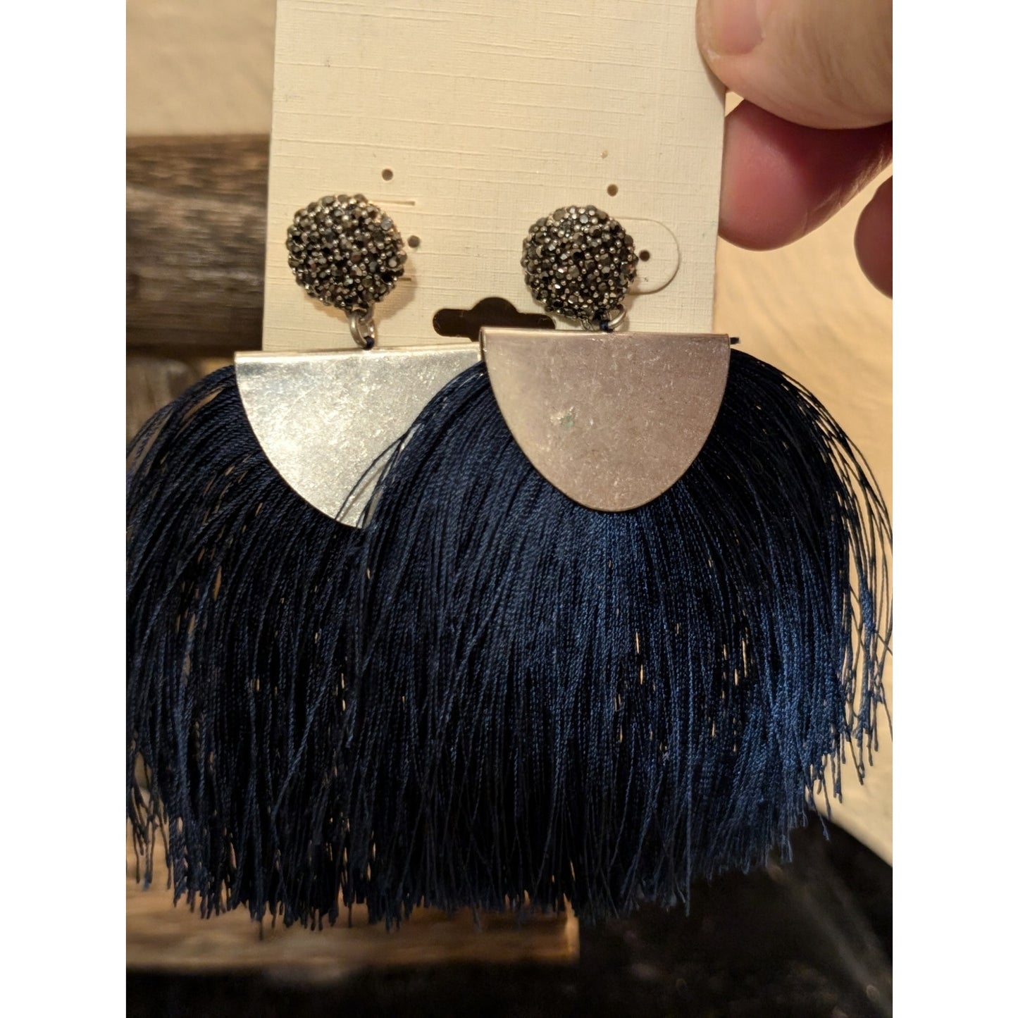 NWT Lucky Brand Silver Tone Blue Rhinestone Tassel Pierced Earrings