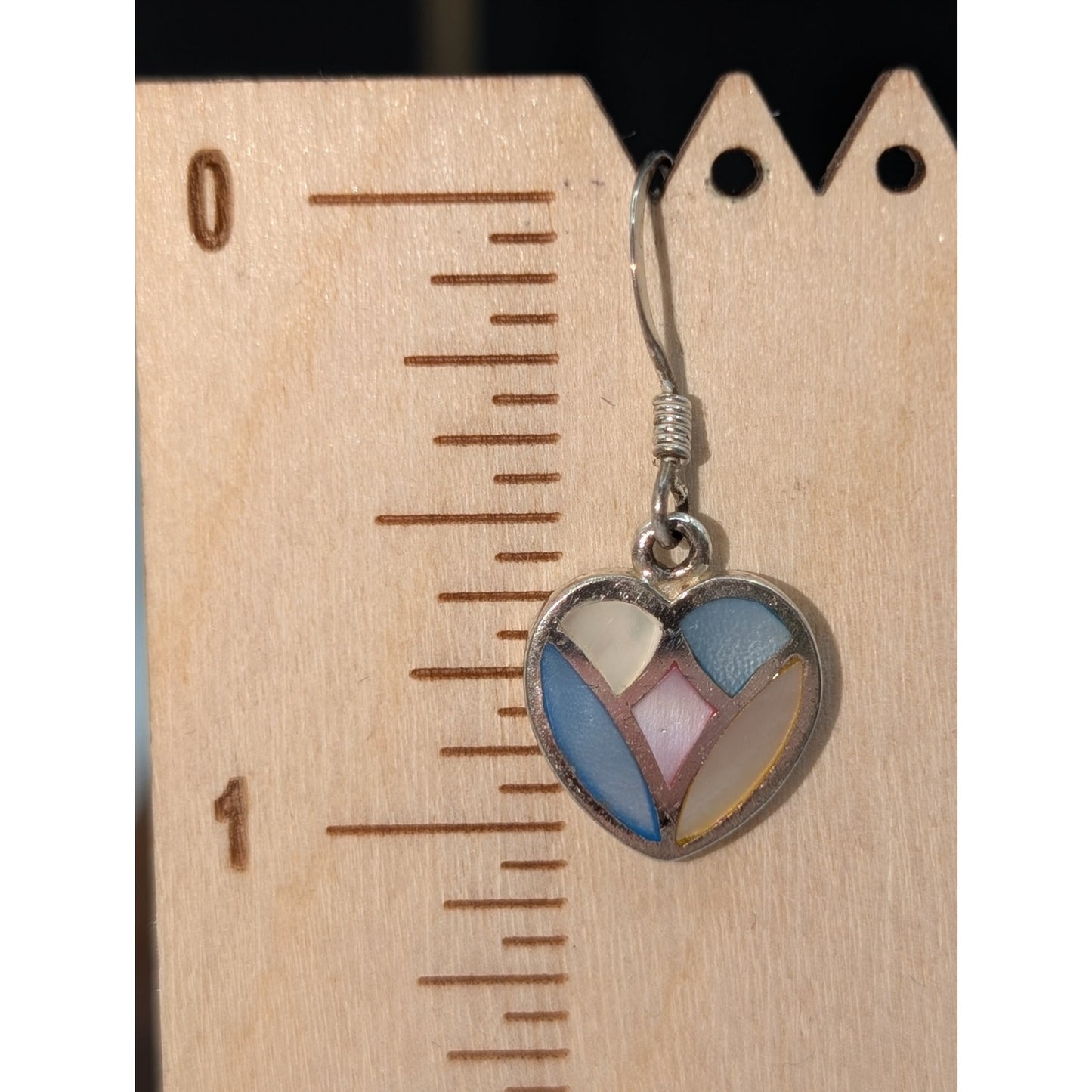 VTG 925 Sterling Silver Multi-Color Mother of Pearl Inlay Heart Dangle Earrings
