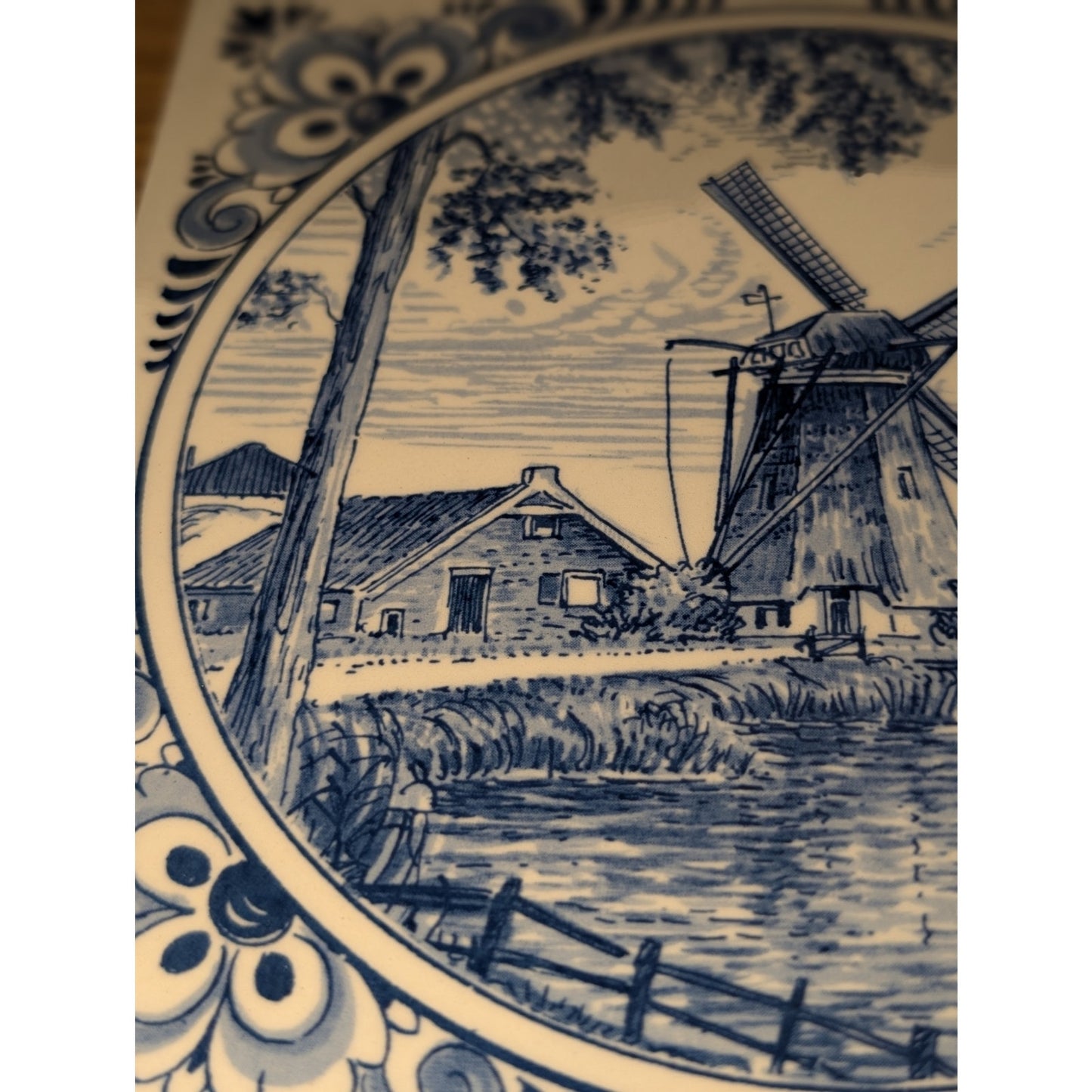 Vintage Signed Delft Hand Painted Windmill Scene Porcelain Tile W/ Cotton Hook
