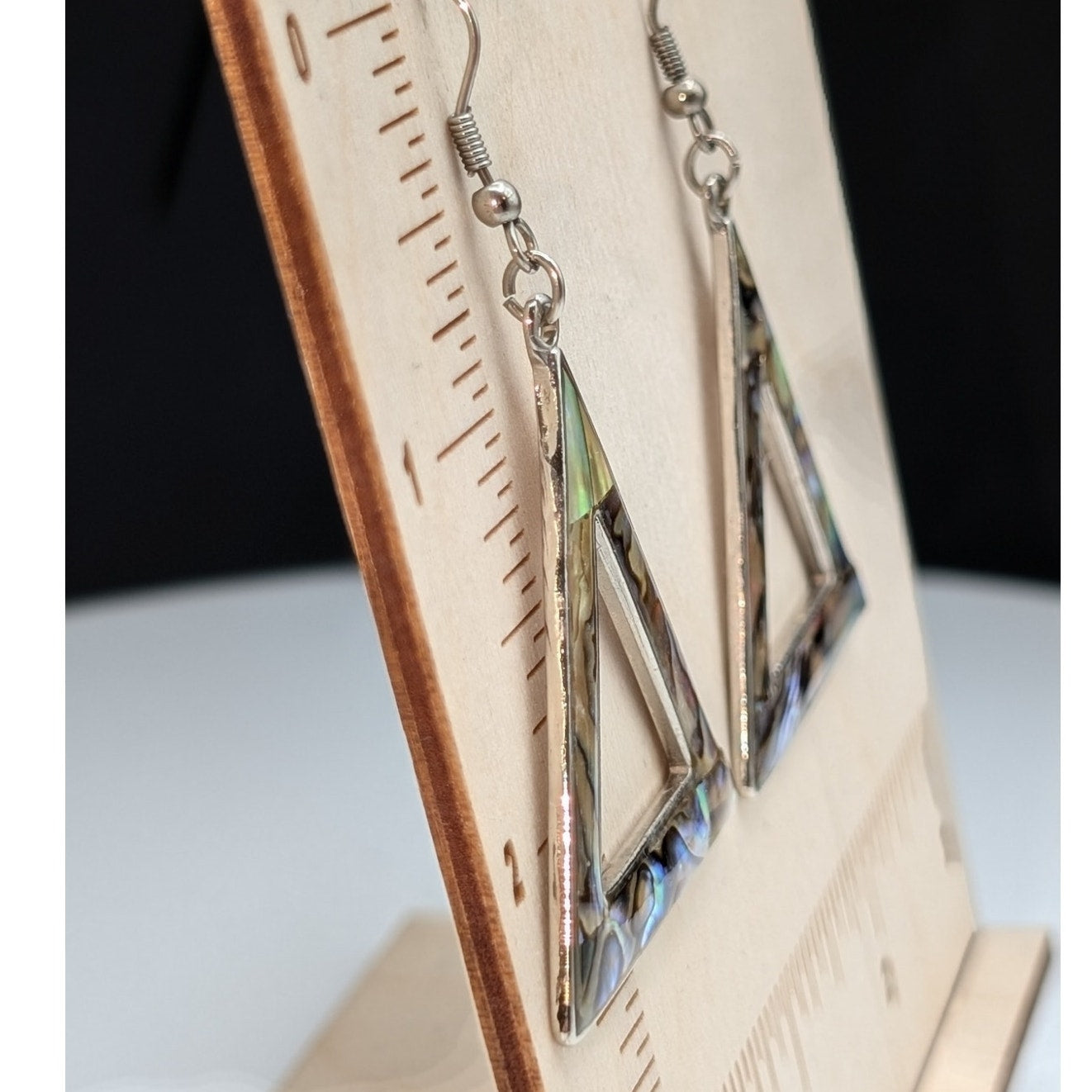 Silver Tone Abalone Shell Triangle Dangle Earrings