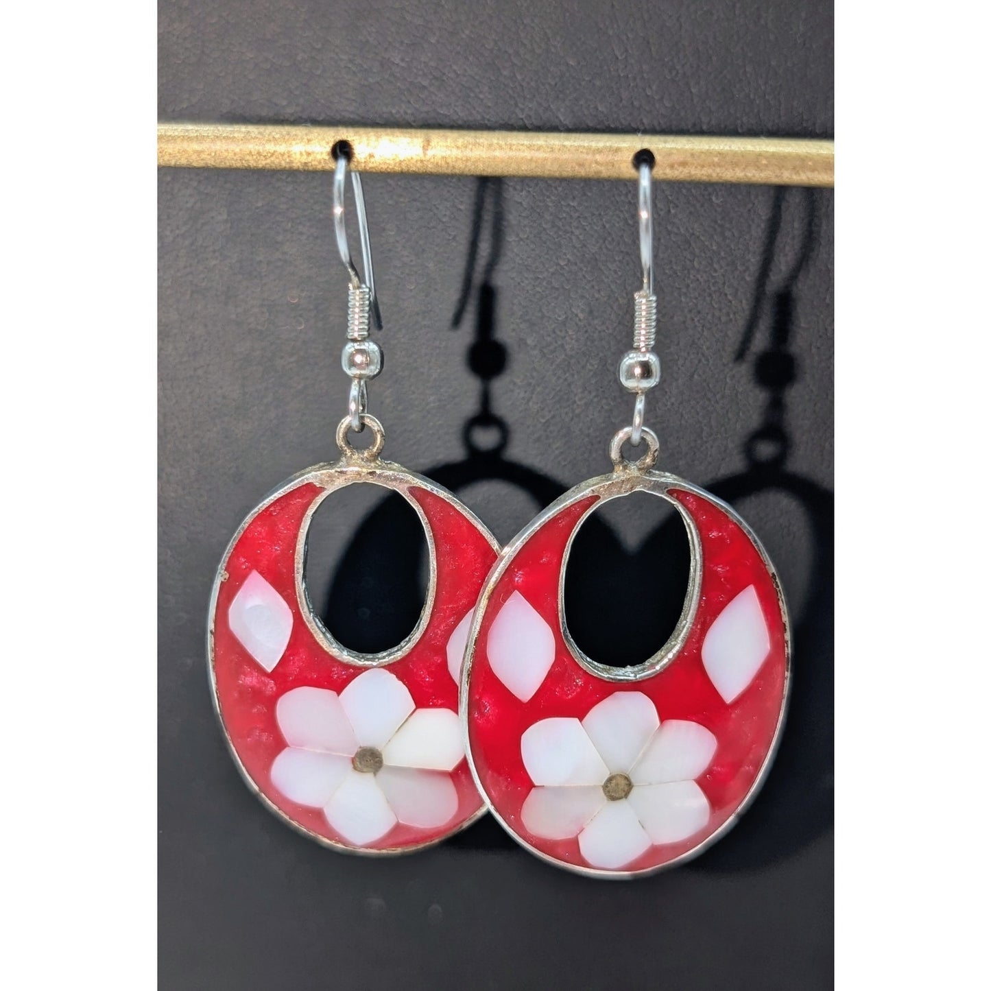 Vtg Alpaca Mexico Red White Mother of Pearl Inlay Floral Dangle Earrings