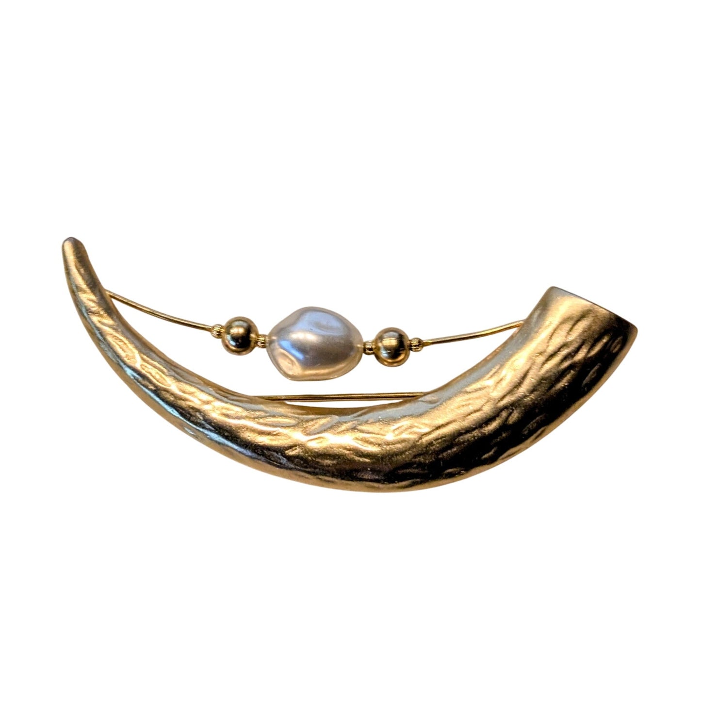 Large 3.75" Long Gold Tone Tusked Horn Faux Pearl Brooch