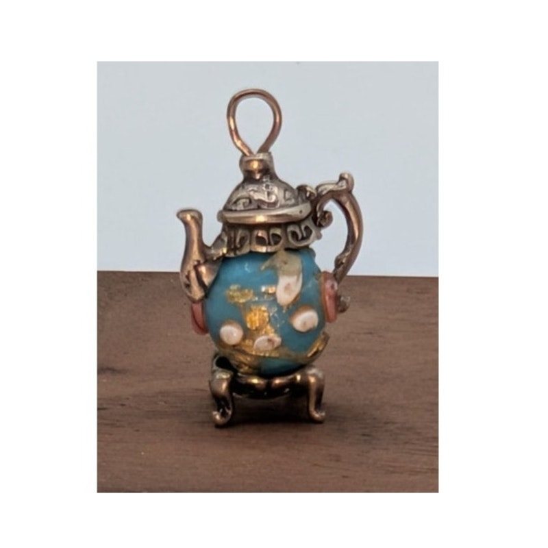 Vintage Nuvo Sterling Teapot Charm Blue Lampwork Glass Bead